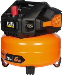 Puwu 6-Gallon 2HP Oil-Free Air Compressor, 150 PSI, Portable Quiet Pancake Style with Dual Pressure Gauges, Safety Valve & Maintenance-Free Pump for Home, Garage & Workshop