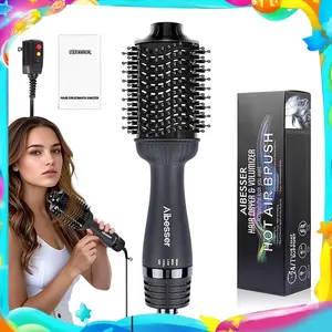 Aibesser 4-in-1 Dual Voltage Hot Air Handle Volumizer Hair Dryer Straightener Curler with Ceramic Tourmaline Ionic Curling Brush Lightweight Plug，Dryer/Curler/Straightener/Scalp Massager, Anti-Scald Bristles, Intelligent Heat Control, Cold & Hot Air Cycle