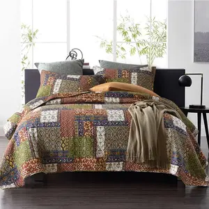 Cotton Bedspread Sets Reversible Bedding Coverlet Sets Comforter Patchwork Paisley Bohemian Bedspread (Patchwork Brown, King Size)