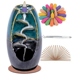 Ceramic Backflow Incense Holder Waterfall Incense Burner, Aromatherapy Ornament Home Decor with 120 Backflow Incense Cones + 30 Incense Stick , Blue Set