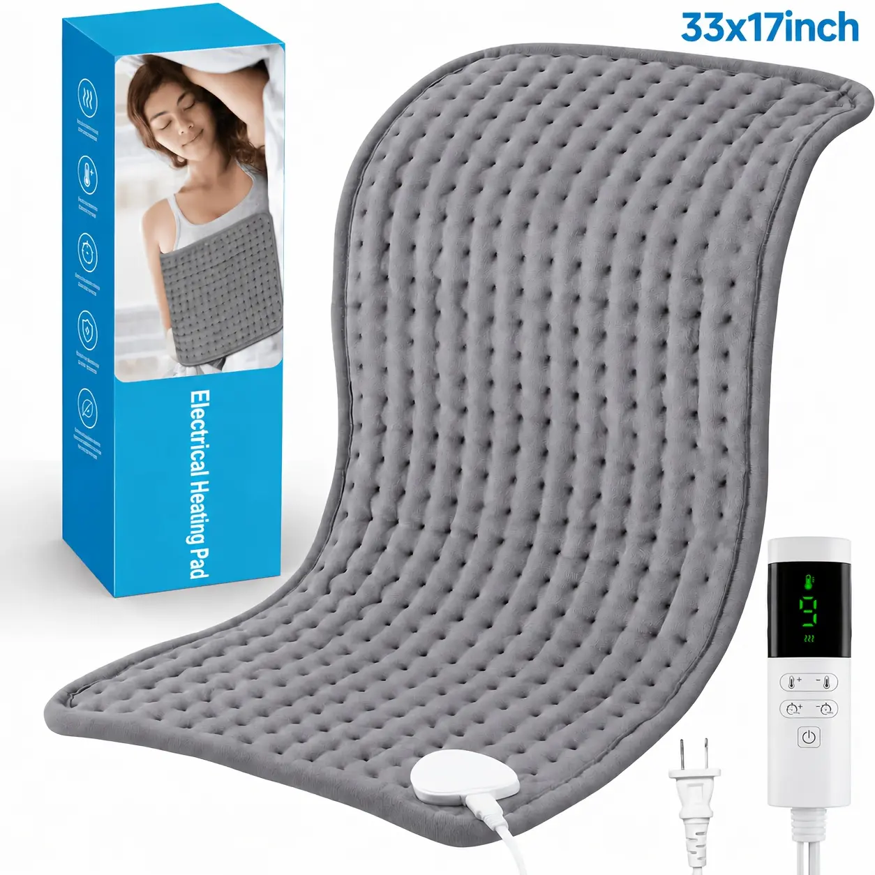 Electric Heating Pad for Back Pain & Menstrual Cramps, Portable Home Supply with 9 Heat Levels, 1-12H Auto Shut-Off, Machine Washable, Fits Neck/Shoulders, 2 Sizes (24x12in, 33x17in)