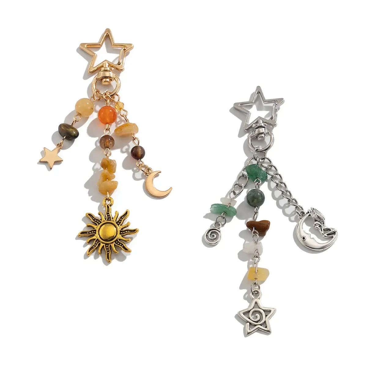 2pcs Vintage-Inspired Delicate Fashion Pendant Set: Gold & Silver Star-Moon Design with Irregular Stone Accents Keyring Charms for Mobile Phones, Handbags & Accessories Keyring Fittings Couples' Jewellery Charms Stylish Playful Charm Fashionable Charms