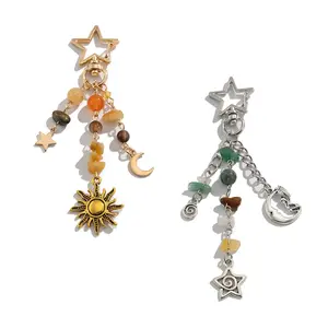 Vintage Silver Star Moon Pendant Keychain, Key Ring Accessory, Irregular Crystal Charm, Butterfly Phone Accessory, Glass Bead Bag Decor, Couple Gift