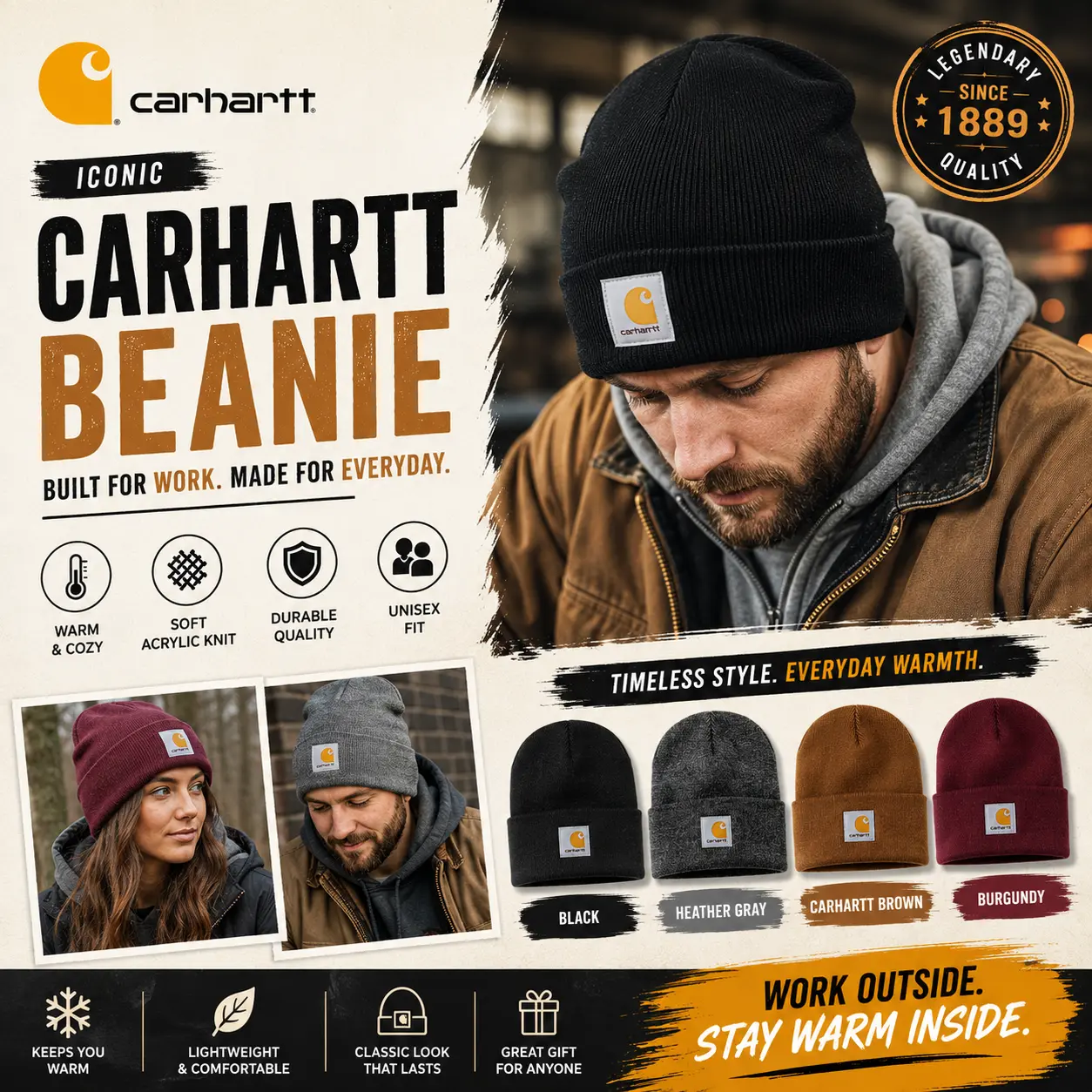 Carhartt Style Winter Knit Beanie for Men Women Soft Ribbed Cuffed Beanie Hat Stretchy Warm Skull Cap Brown Gray Black Neutral Colors Streetwear Fashion Outdoor Travel Camping Hiking Daily Wear TikTok Shop US Trending 2026