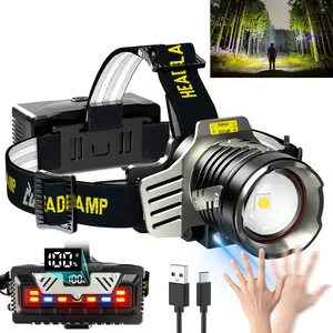 Rechargeable Headlamp, 150000 LM Ultra Bright Headlamps, 9Mode, Motion Sensor, Zoom, Digital Display, Headlamp Battery Powered with 3Mode Red Light,Waterproof Led Headlamp for Camping, Running