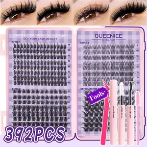 720/700/392 Clusters QUEENICE Lash Cluster Kit, DIY Eyelash Clusters, thick & voluminous style with glue, tweezers and lash brush, 8-16mm length, large capacity, natural curly false eyelashes for women's eye makeup, beginner-friendly