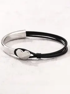 Simple Heart Leather Cord Half Bangle Bracelet, Unique Design Unisex Fashion Accessory, Versatile Couple Matching Jewelry