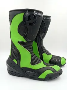 Professional Leather Motorbike Racing Boots - High-Top Street Track Riding Gear, Protective All-Season Green & Black Armor Boots