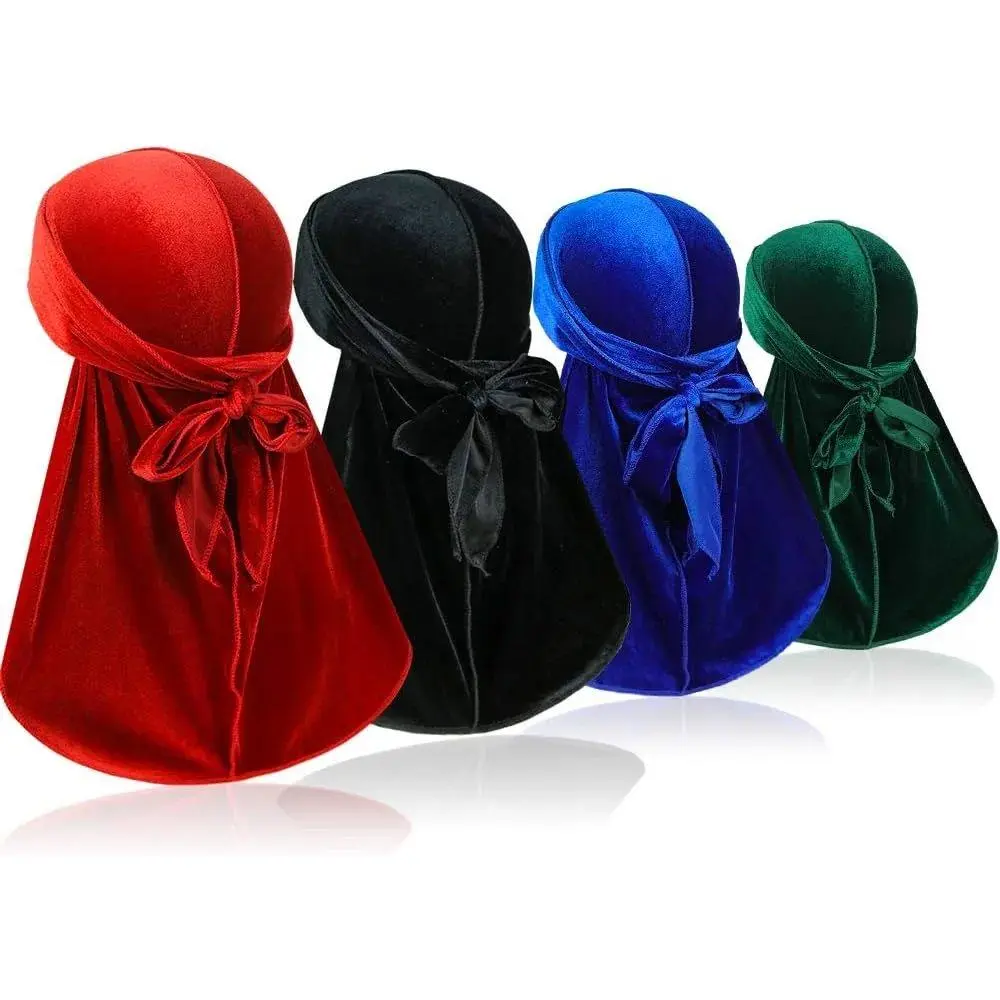 4 Pieces Men Velvet Durag with Long Tail Silky Durag Headwraps for 360 Waves