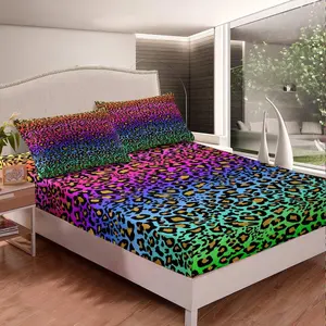 Feelyou Leopard Print Bedding Set - Fitted Sheet with Elastic Pockets, Vibrant Rainbow Cheetah Print, Luxury Colorful Wild Animal Themed Linens for Bedroom Use