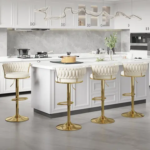 VECELO Modern Metal & Velvet Swivel Counter Height Barstools (Set of 2/4) - Sturdy Stool, Fixed Woven Arms & Backrest, Adjustable Height, 360° Swivel Feature Chair, 330lb Capacity, 360 Rotating Home Bar Furniture, for Kitchen Island, Assembly Required