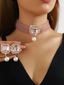 Women's Elegant Rhinestone Decor Choker Necklaces & Stud Earrings, Glamour Set, Exquisite Trendy Jewelry Set, Fashionable Accessories for Party & Daily Clothing Decor