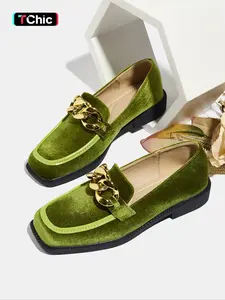 Women's Velvet Thick Sole Flat Square Toe Loafers, Retro Style Fall Fashion Shoes, Comfortable Slip-On Design for Daily Wear