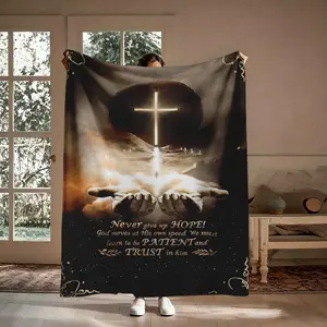 Christian Blanket Gift, Never Give Up Hope Trust God Be Patient Hands Cross Pattern Flannel Throw, Soft Cozy Warm Nap Blanket for Bedroom Living Room Couch, Religious Inspirational Gift for Believer Friend Her Him, Christmas Birthday Holiday Present