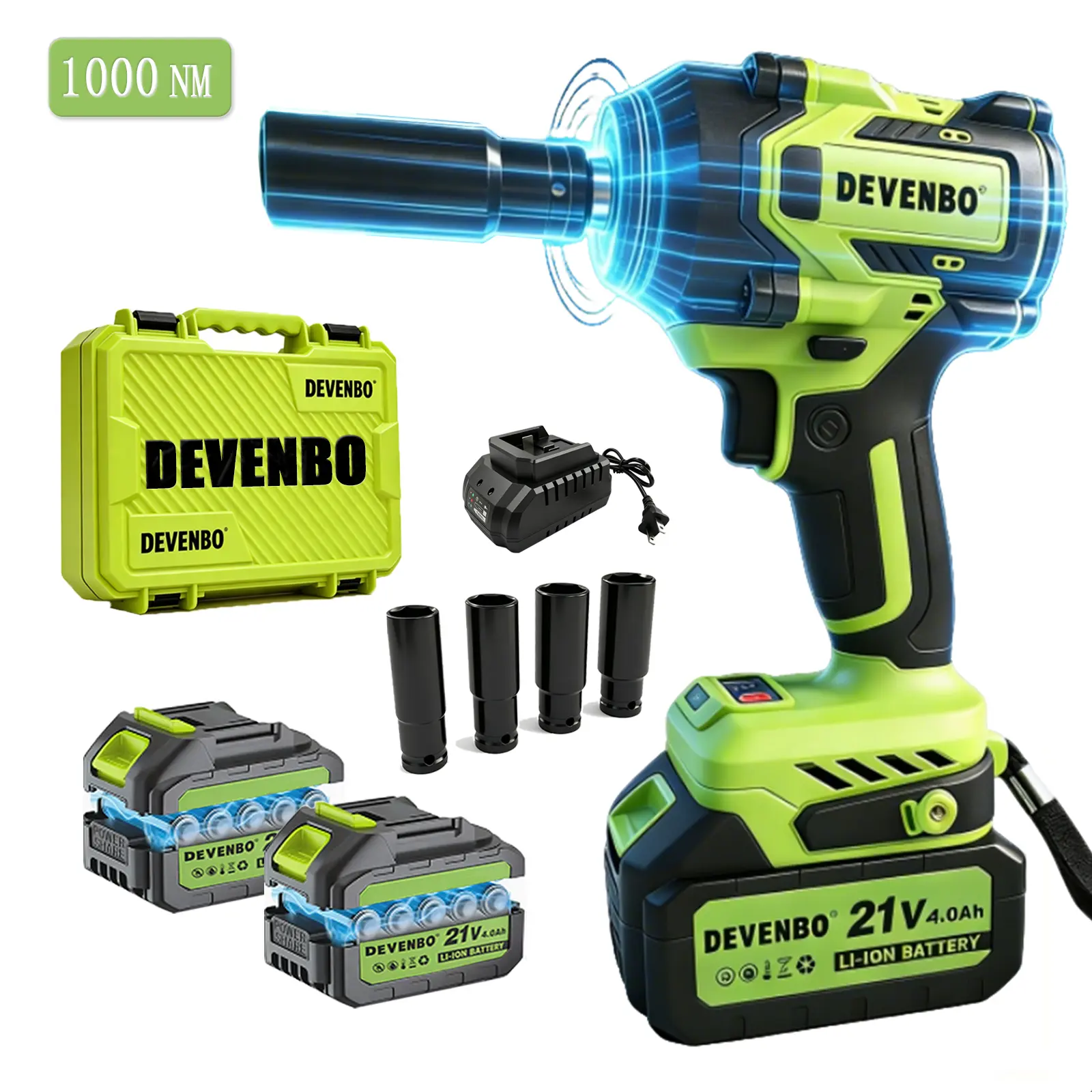 DEVENBO 1000N.m Cordless Impact Wrench, Cordless Impact Gun with 2x4.0mAh Batteries, Electric Power Tool with 4 Sleeves
