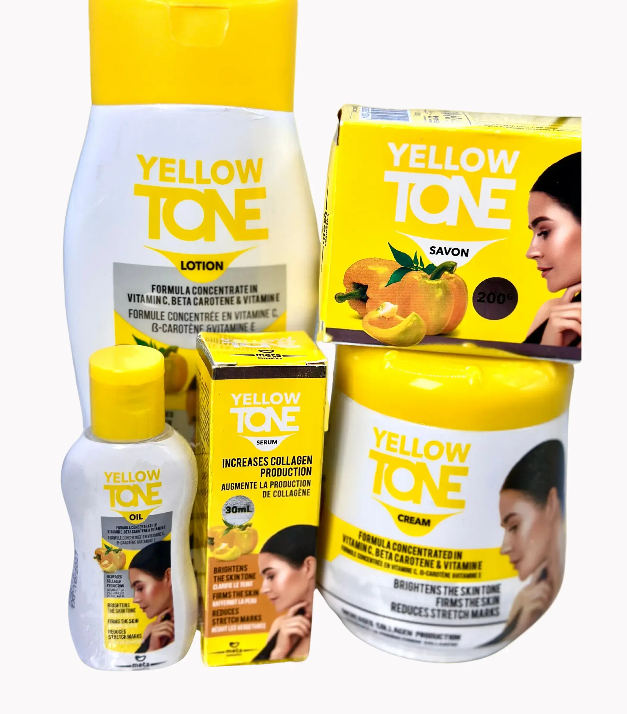 Yellow Tone Skincare Clarifying Set (Body Lotion 400ml + Cream 450ml + Soap 200g + Serum 30mL + Oil 60ml)