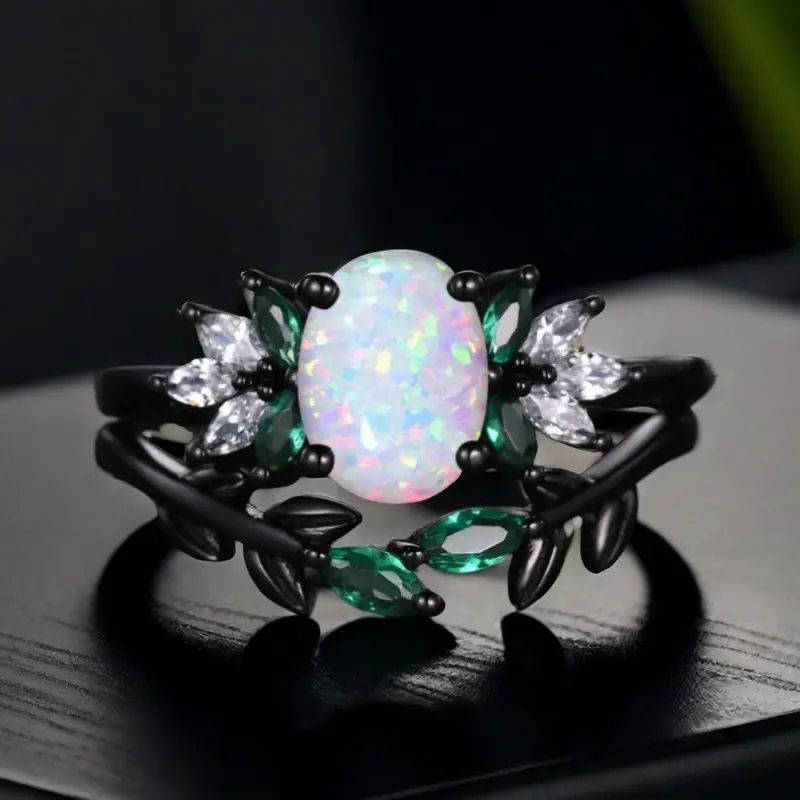 2-Piece Set Shiny Black Opal Oval Cubic Zirconia Couple Rings - Ladies Engagement Bridal Jewelry, Perfect Gift for Valentine's Day, Anniversary, Halloween, Christmas & Mother's Day