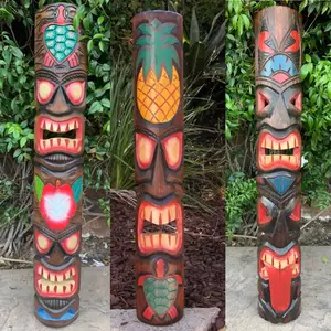 3 Set of Hand Carved Wooden Tiki Totem Masks Tropical Bar Patio Decor 39"x 6"in