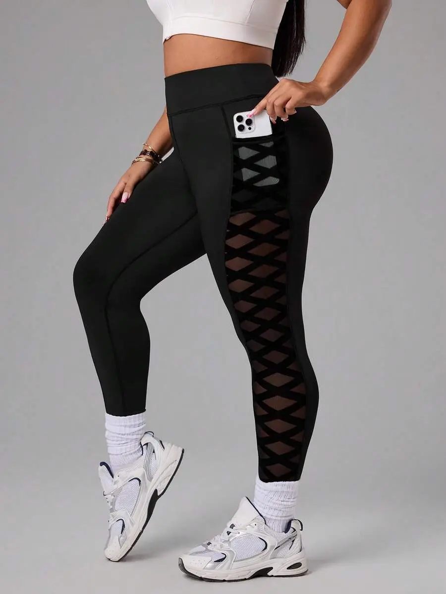 SLAYAURA Plus Size Women Mesh Patchwork High Waist Sports Leggings Gym Sports Black Summer