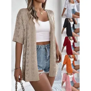 Plus Size Lace Hollow-Out Cardigan, Slit Cardigan, Summer Casual Short-Sleeve Crochet Knit Cardigan, Women’s Daily Wear, TopGARMENTARY