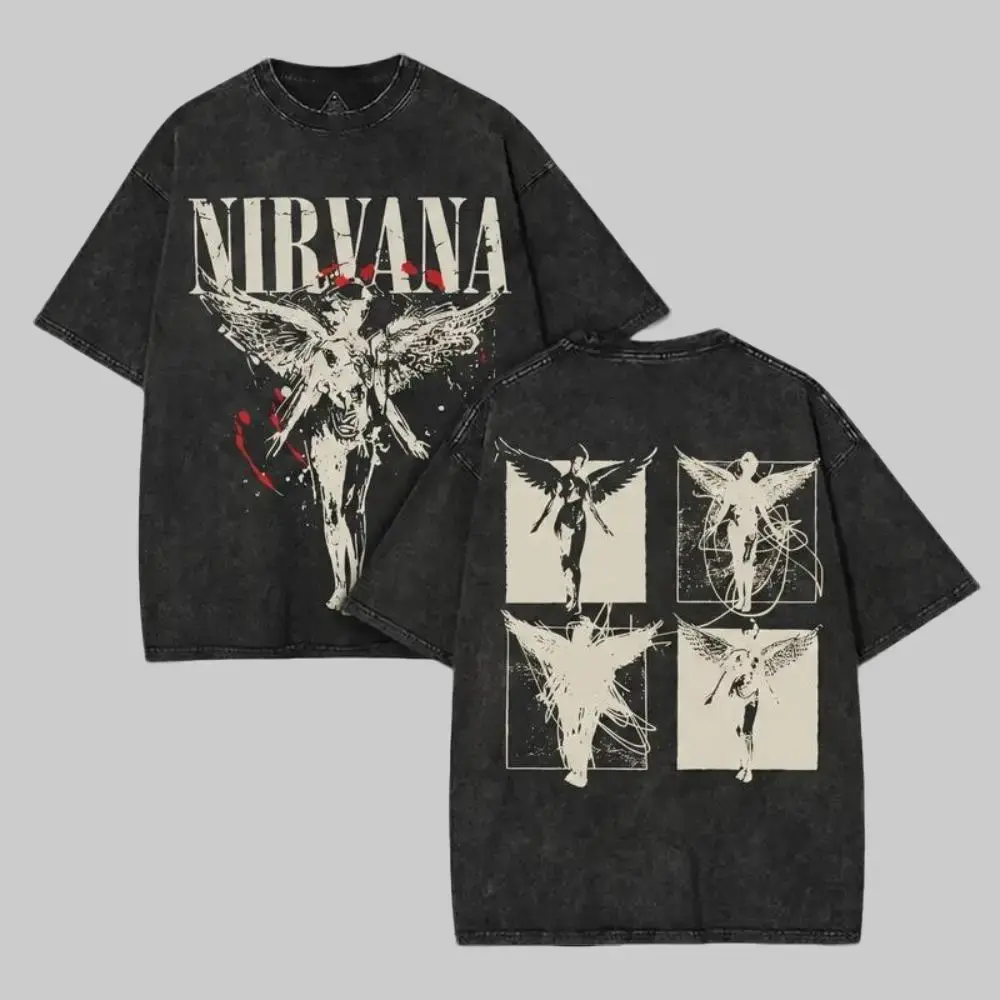Men's 100% Cotton Baggy Vintage Acid Wash Fallen Angel Graphic T-Shirt - 90s Grunge Rock Oversized Short-Sleeve Menswear Tee, Retro Casual Dark Streetwear Outfits Top Crewneck Suits