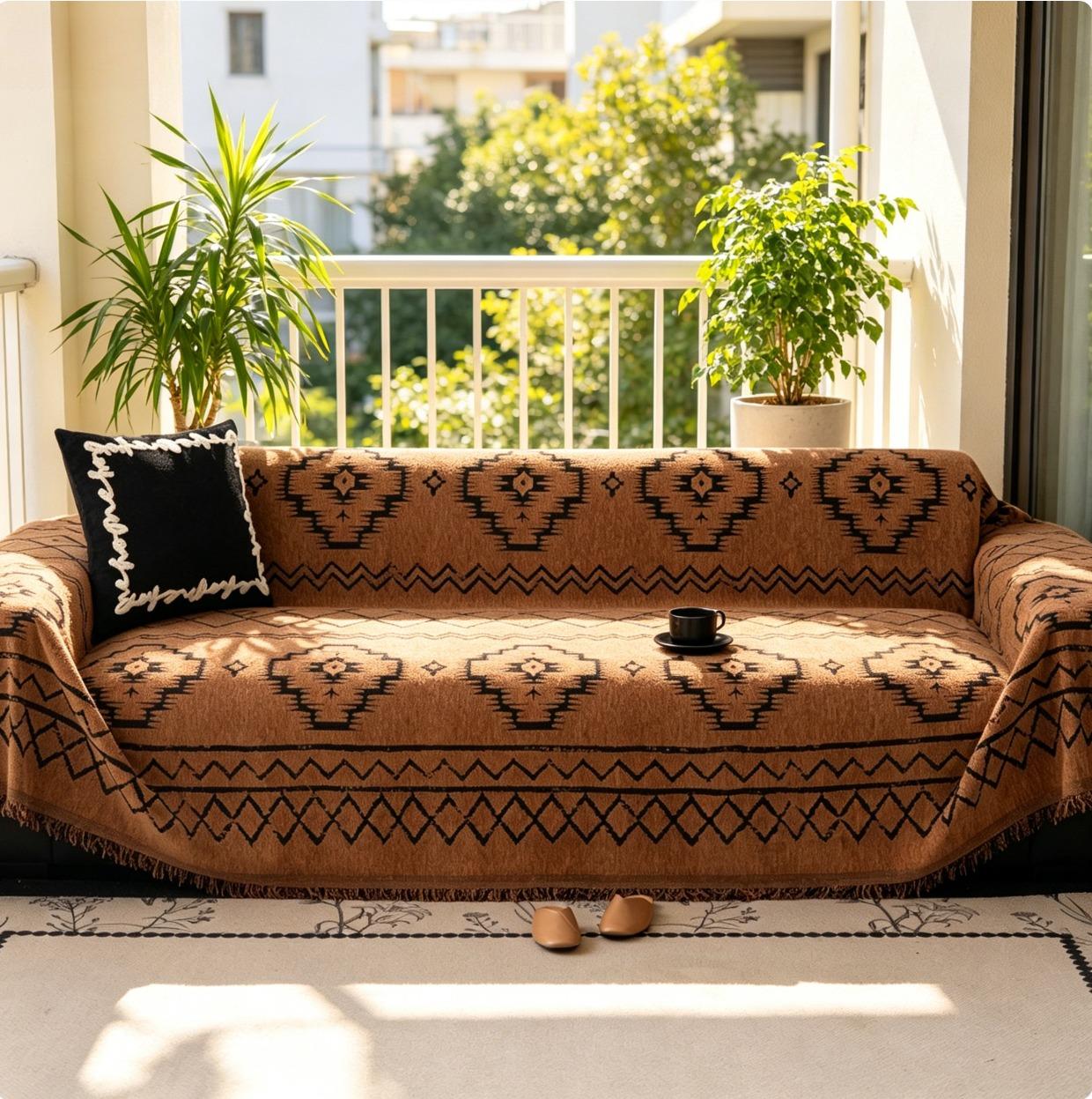 Southwestern Fringed Sofa Blanket | Brown & Black Aztec Throw for Boho Living Rooms