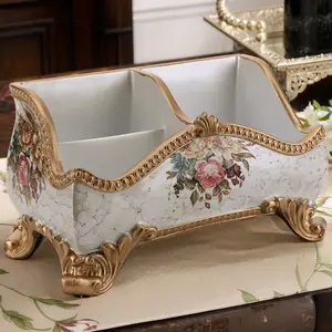 Vintage Floral Resin Tray Remote Control Holder & Desk Organizer Three Compartment European Style Storage Box Ornament Vanity Holder Desk Organizer Desktop Living Room Coffee Table Home Decor