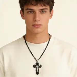 CaptiansteeL Black openwork Jesus cross pendant Stainless Steel Jesus Cross Pendant Necklace for Men Christian Gift