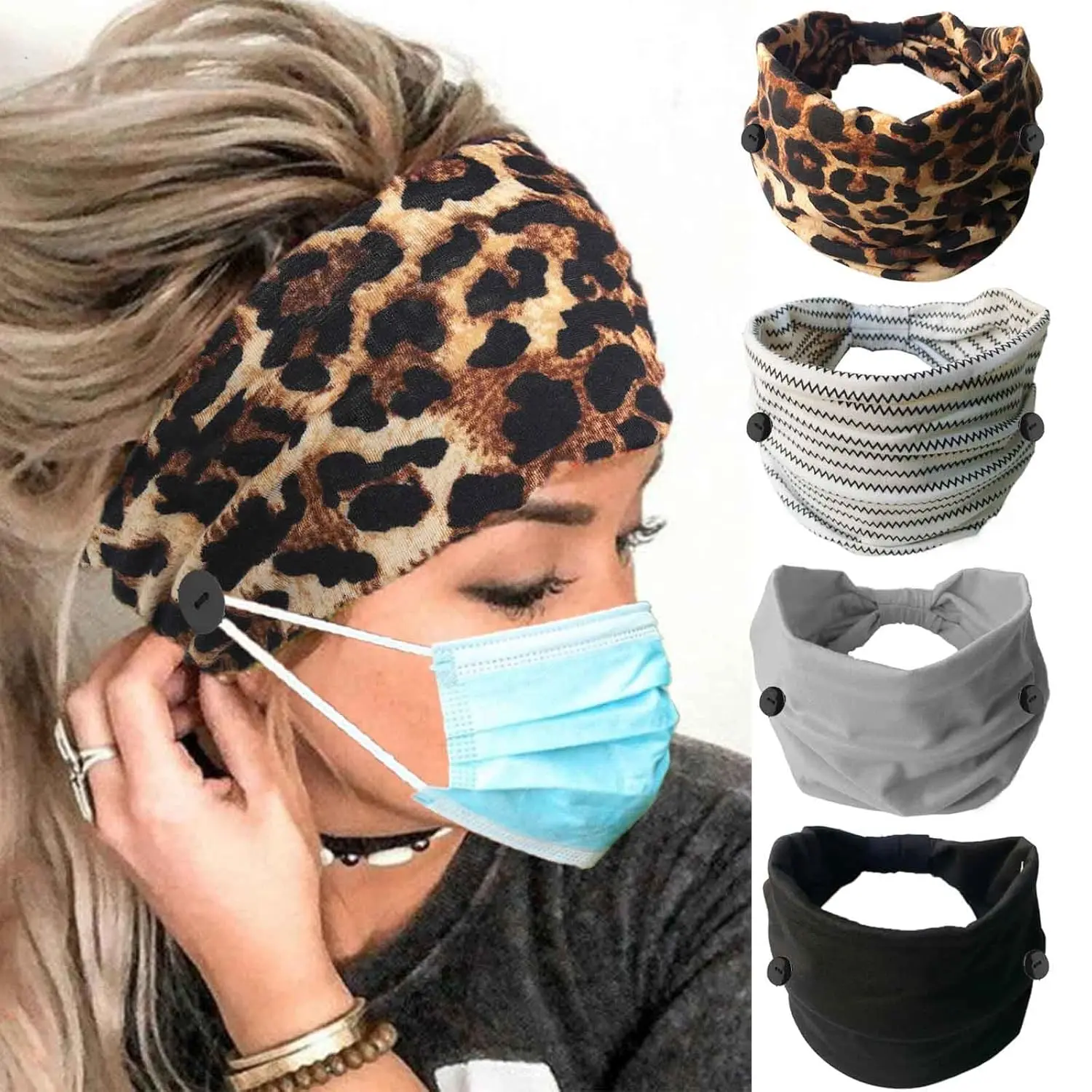 Leopard Button Headband Wide Elastic Nurse Head Bands Workout Yoga Sports Hair Band Non Slip Turban Headwrap Mask Ear Saver Sweatband Boho Hair Accessories for Women 4Pcs  Sports Headbands