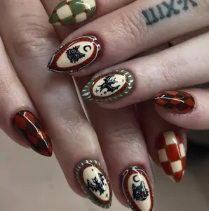 Autumn Halloween Press On Nails, Brown Plaid, Tortoiseshell Nail Art, Moon & Bat Halloween Nails, Handmade Spooky Autumn Nails, Brown nails