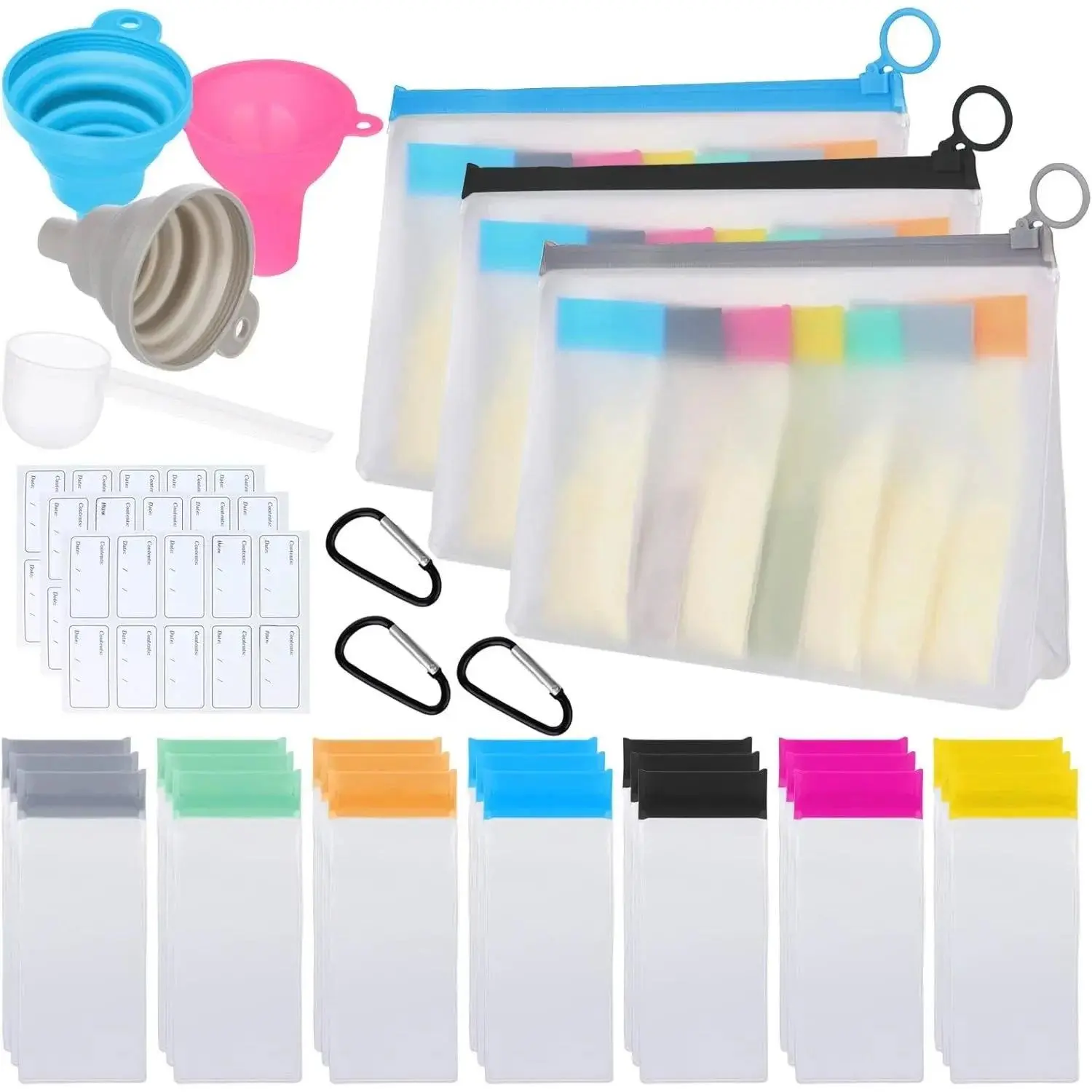 Refillable Protein Powder Storage Container with Funnel - Portable Kitchen Preserving Container, Color-Coded Pouch Set, 21 Single-Dose Bags, 3 Standable Zip Bags for Gym, Travel