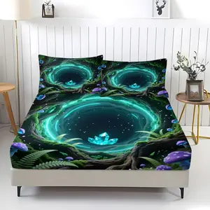 3-piece set of 3D crystal tree elf and mushroom patterned bed sheets, including 1 bed sheet and 2 pillowcases, with anti slip dust cover suitable for bedrooms and suitable as a Christmas gift