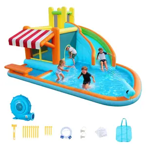 【DealsForYouDays】VEVOR Inflatable Bouncy House Outdoor Play Equipment, 14.9x12.8x7.8 ft Castle with Inflatable Water Slide, Bounce Area, Tall Slide, Splash Pool, Pretend Market Booth for 3-4 Kids Ages 3+