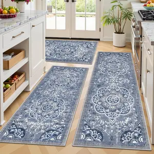 Kitchen Rugs Sets of 3 Non Slip Washable, Farmhouse Blue Kitchen Runner with Rubber Bottom, Stain Resistant Floor Mats for Sink Laundry Room Office