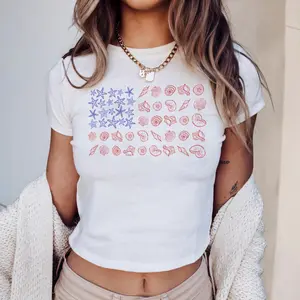 Coastal Flag 4th of July 90s Y2K Graphic Baby Tee, Retro Independence Day Y2k Coastal USA Seashell Women's Fitted T-Shirt - Baby Tee for Women & Girls