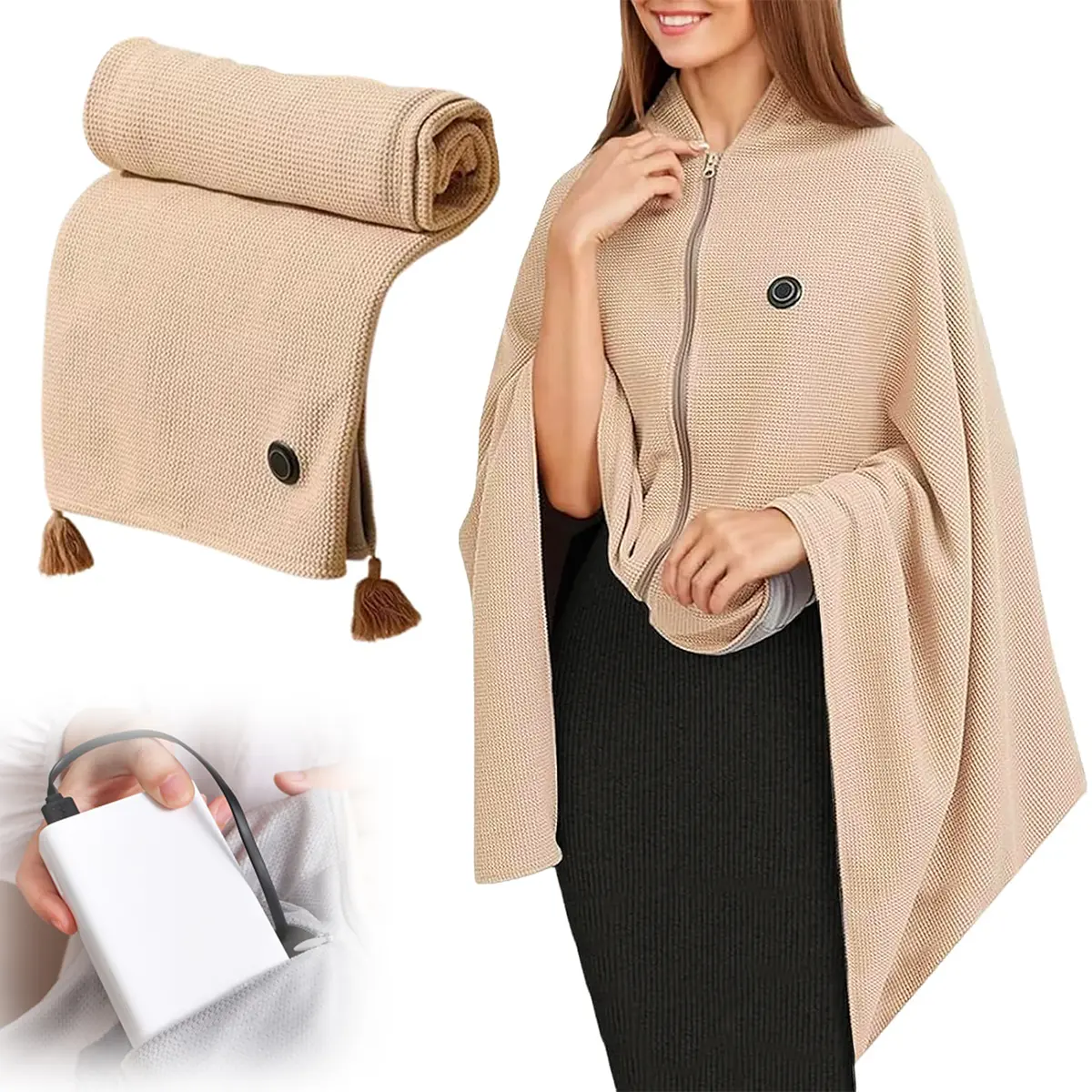 Portable USB Heated Blanket - Wearable Electric Poncho Shawl  | 3 Heat Settings, Fast Heating,  for Home, Office, Travel, Outdoor | Portable Heaters, Christmas Gifts(Men/Women)