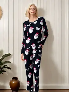 Women's Christmas Print Pajama Set, Long Sleeve Top & Pants, Casual Fitted Home Wear, Fall Winter Sleepwear Gift for Girlfriend Friend