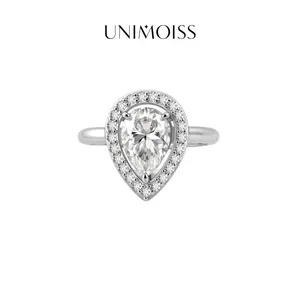 UniMoiss Moissanite 2ct Moonlight Drop Halo Ring Silver-Plated Luminous Pear Cut Ring Silver-Plated Birthday Wedding Engagement Anniversary Gift Daily Wear