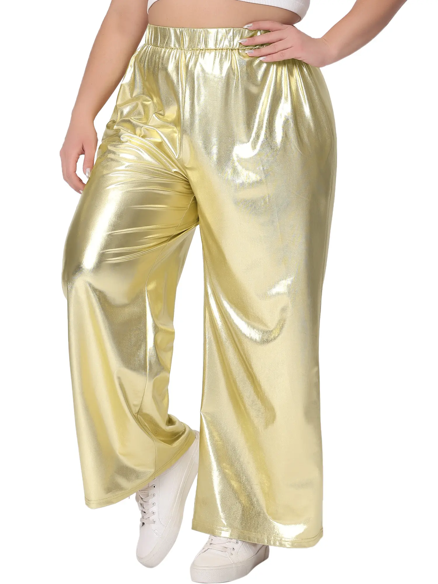 Agnes Orinda Plus Size Metallic High Waist Stretchy Jogger Pants Holographic Streetwear