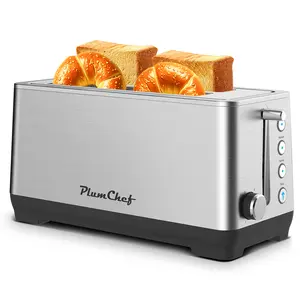 PlumChef 4-Slice Extra Wide Long Slot Toaster ,Stainless Steel with Warming Rack, Removable Crumb Tray, 6 Browning Settings & Bagel/Defrost/Reheat Functions,stainless steel 1500W  toaster fits anywhere kitchenware