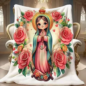 Virgen De Guadalupe Printed Floral Throw Blanket, 100% Flannel, Contemporary Style, Soft and Comfortable, Travel Sofa Bed, Home Decor, Birthday Gift, Decorative Giftable Blankets