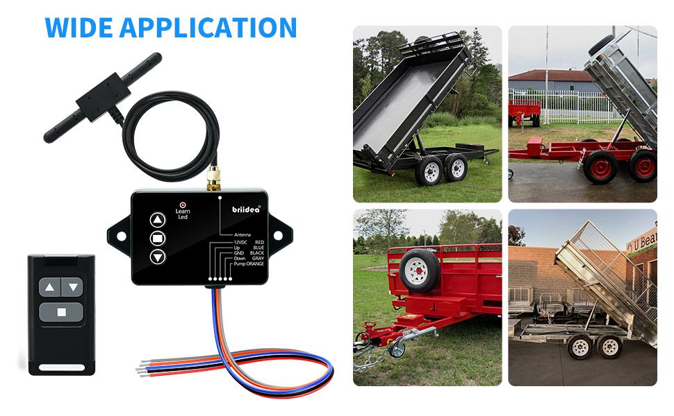 briidea Wireless Dump Trailer Remote Control – Compatible with 3-Wire & 4-Wire Hydraulic Trailer Controllers, 100FT Range, Low Voltage Protection, Easy Adhesive Installation