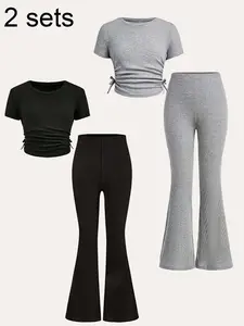 2 sets of outfits for girls aged 8-12: drawstring short sleeved T-shirt+flared pants, suitable for sweet and cool daily/outdoor wear