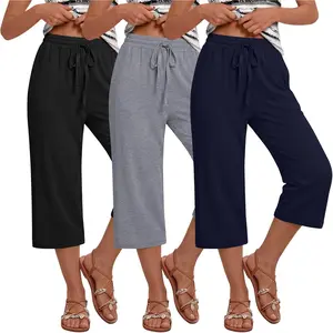 3 Pcs Womens Capri Pants Lightweight Wide Leg Drawstring High Waisted Cropped Sweatpants Workout Capris Yoga Pockets