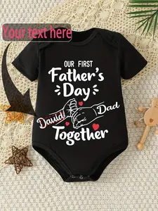 Custom Name Baby Unisex Black Short Sleeve Bodysuit, Our First Father’s Day Together Hand Hold Heart Personalized Infant Cotton Onesie