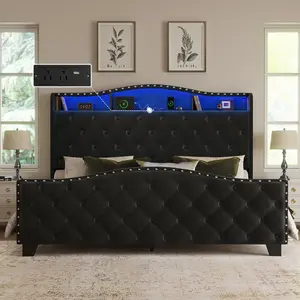 Belffin Queen/King Velvet Wingback Bed Frame with 50.9” Tall Headboard, LED Lights, Storage Shelf & Charging Station, Button Tufted Footboard, No Box Spring Needed, Noise-Free – Black/White