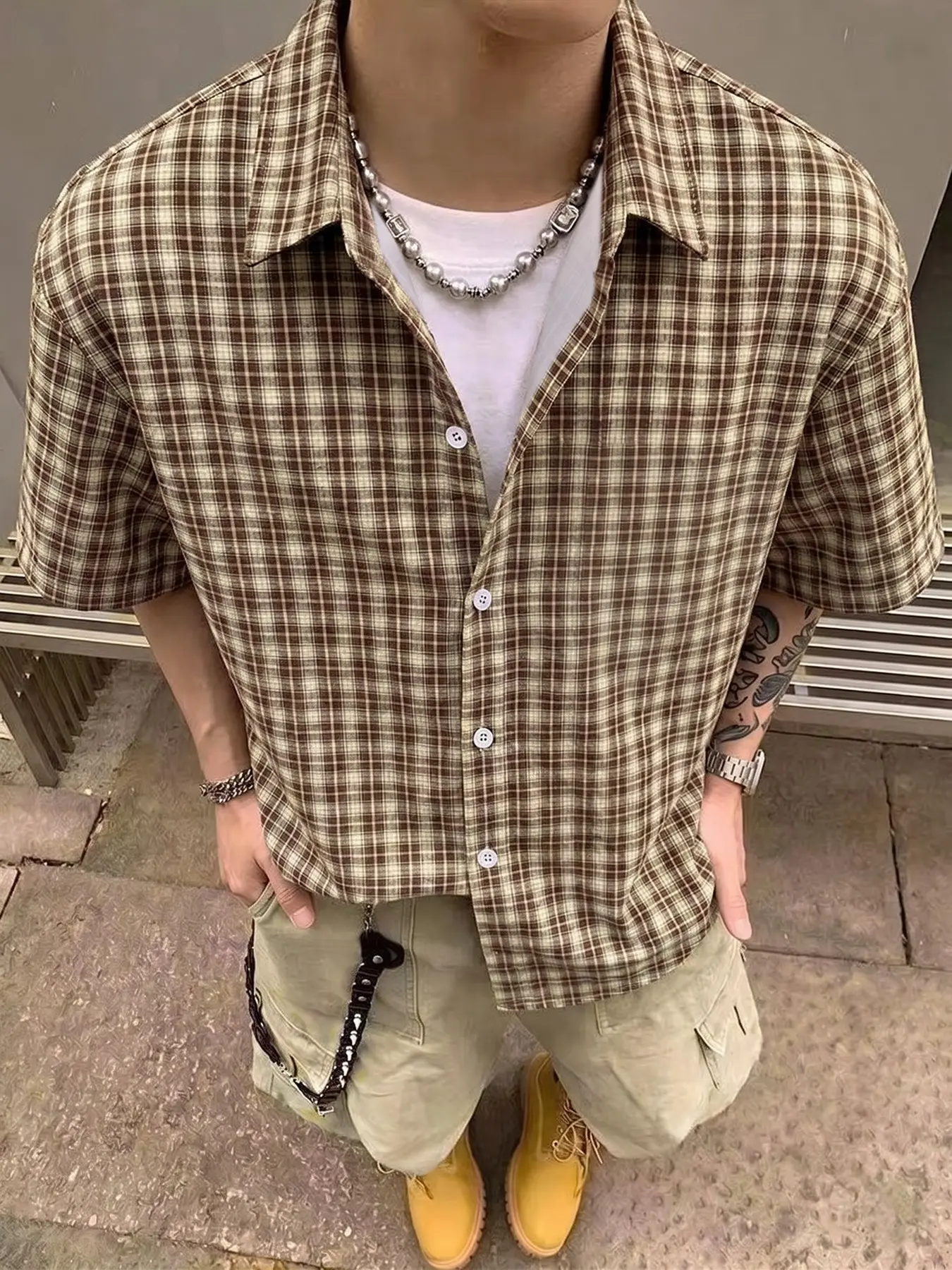 Men's Vintage Classic Plaid Gingham Checked Lapel Short Sleeve Shirt, Summer Lightweight, Loose Fit, Casual Daily Wear, Streetwear Style Top, Menswear, Casual Fashion Shirt, Casual Button Shirts