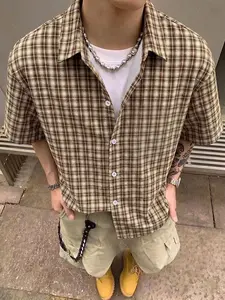 Men's Vintage Plaid Gingham Lapel Short Sleeve Shirt, Summer Lightweight, Loose Fit, Casual Daily Wear, Streetwear Style Top