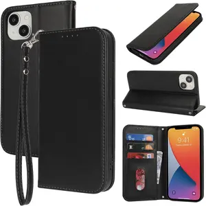 Fit for iPhone 14/13 5G Phone Case Wallet with Wrist Strap for Women Men,Wallet Case for iPhone 13/14 with Card Holder,Cash Pocket PU Leather Strong Magnetic with Kickstand,6.1" Black