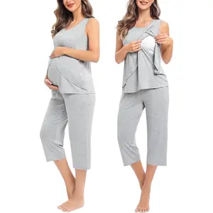 Women Maternity Pajama Set Nursing Pjs Double Layer Sleeveless Top Capri Pregnancy Set Breastfeeding Pjs with Pockets
